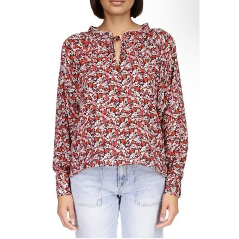 Sanctuary Georgette Woven Floral Print Blouse Sz 1X Tie Key Hole Neck Ruffle NWT